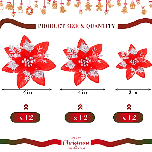 36 Pcs Christmas Glitter Artificial Poinsettia Flowers Xmas Poinsettia Artificial Wedding Flowers Decorations Xmas Tree Ornaments with Clips for Party, 6 Inch, 4 Inch, 3 Inch(Red and Silver) - color: Red and Silver