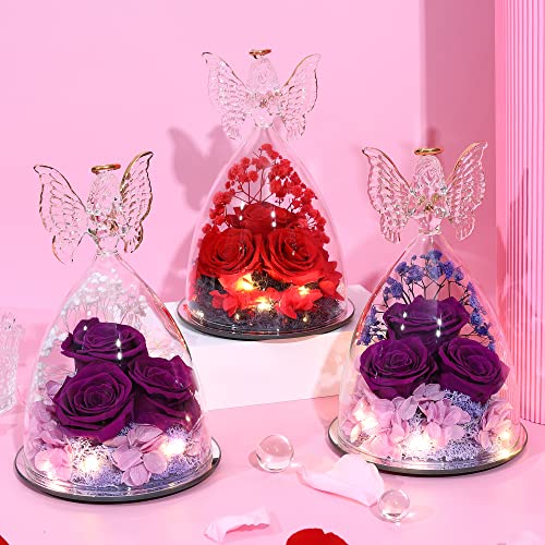 Mothers Day Rose Gifts for Women Preserved Real Flower in Glass Angel Figurines Roses for Delivery Prime Birthday Gifts for Mom Grandma Girlfriend Wife Her - Red - color: Red