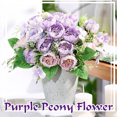 Olgaa 12 Bundles Peonies Artificial Flowers Fake Peony Bouquet Faux Peonies Flowers Bulk with Stems Flower Balls for Centerpiece Table Decorations Wedding Bridal Floral Arrangement (Purple) - color: Purple