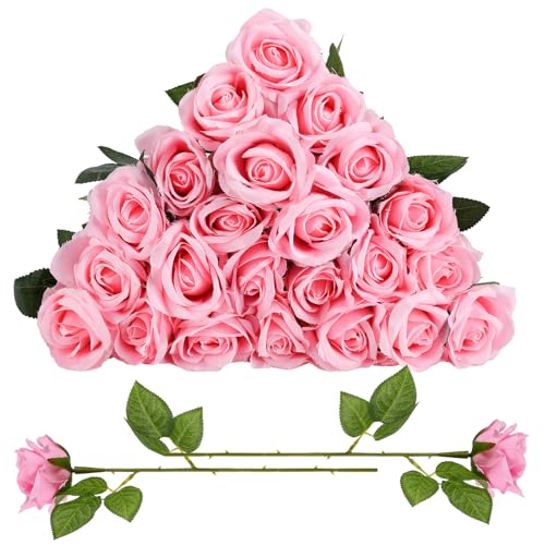 24 Pcs Pink Rose Artificial Flowers with Long Stem Real Touch Silk Plastic Bouquet Pink Roses Bulk for Wedding Party Table Centerpieces Festival Decorations - color: Pink