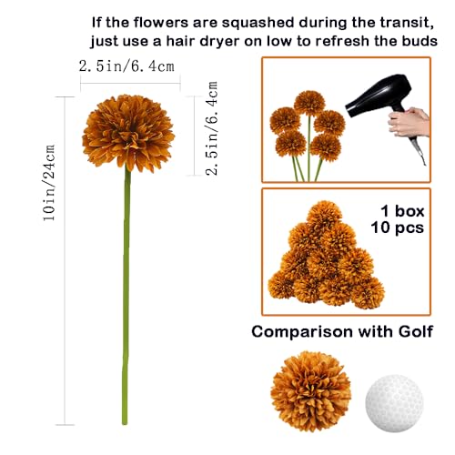 10Pcs Artificial Fake Flower Plants Silk Chrysanthemum Ball Hydrangea Arrangements Wedding Bouquets Decor Home Kitchen Garden Party Table Floral centerpieces DIY(Coffee Brown) - color: Coffee Brown