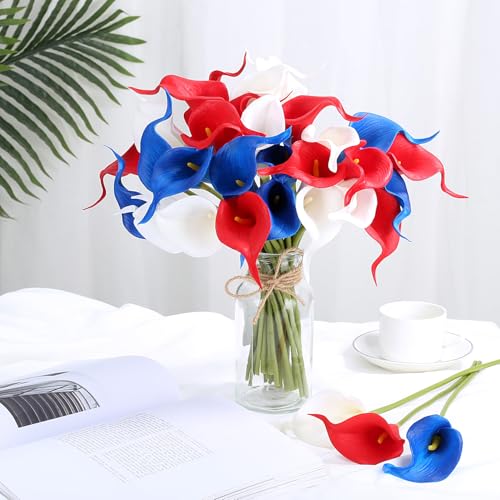 24 Pcs Patriotic Calla Lily Flower 4th of July Artificial Flowers Fake Blue White Red Silk Flowers Real Touch for Independence Memorial Day - color: Red-blue-white