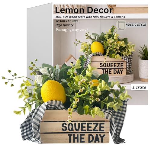 Lemon Decor | Mini Crate with Fake Lemons | Squeeze the Day, 5" W x 6" H | Lemon Decorations for Kitchen | Boho Kitchen, Cottage Core Decor | Lemon Themed Gifts (Squeeze The Day) - style: Squeeze The Day