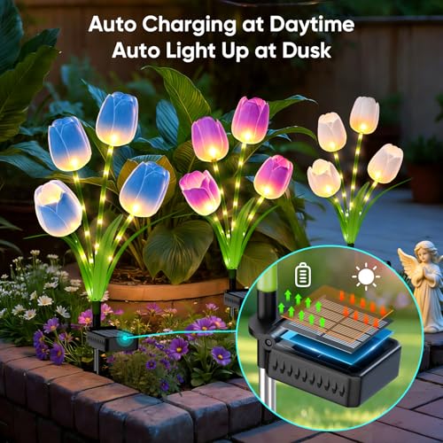 Solar Tulip Lights Outdoor: 3-Pack Solar Flower Garden Lights with Bendable Stems - IP65 Waterproof 800mAh for 12H Lighting - Auto On/Off Garden Decor - Gifts for Mom - Blue Purple White - color: Blue+Purple+White