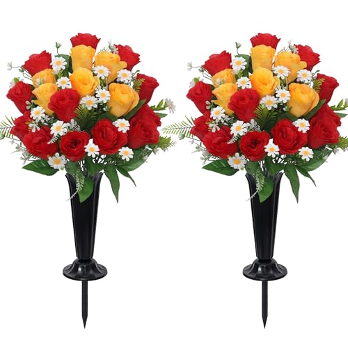 Wocst Artificial Cemetery Flowers for Grave Memorial Day Flowers for Cemetery,2Pack Artificial Silk Roses Daisy Bouquets with Cemetery Vases for Outdoor Grave Decorations ﻿ (Red Yellow) - color: Red Yellow