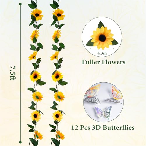 BonBloom's 2 Pack Sunflower Garland Decor,7.5ft Artificial Sunflower Vines,Silk Sunflowers with Green Leaves,Fake Sunflowers for Wedding Birthday Party Bathroom Home Wall Decor - color: Sunflower, size: 2 Pack