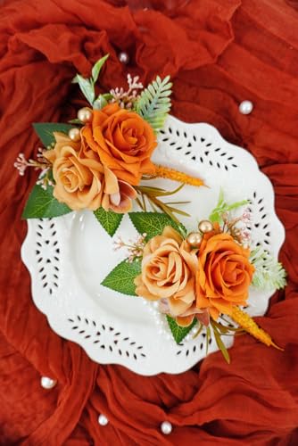 Orange Corsage and Boutonniere Set for Wedding Prom, Artificial Rose Flower Wrist Corsage Bracelets, Homecoming Corsage Wristlet, Boutonniere for Men Wedding Suit Decorations - color: Burnt Orange