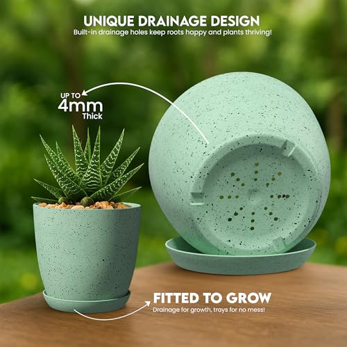 Utopia Home - Spotty Plant Pots Indoor with Drainage - 7/6.6/6/5.3/4.8 Inches Flower Pots - 5 Pack Plastic Planters - Ideal for Stocking Stuffers - (Speckled Mint, Pack of 5) - color: Speckled Mint, size: Pack of 5