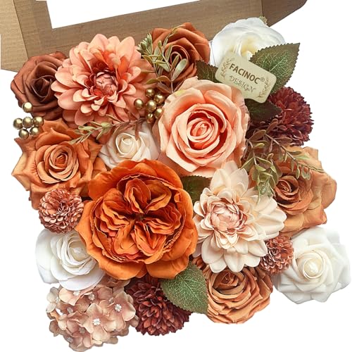 FACINOC Orange Roses Artificial Flowers Fall Fake Flower Bulk for DIY Wedding Bouquet Bridal Baby Shower Centerpiece Table Decorations Faux Floral Arrangements for Party Home Decor Cake Decorating - color: Orange, Fall Artificial Flowers