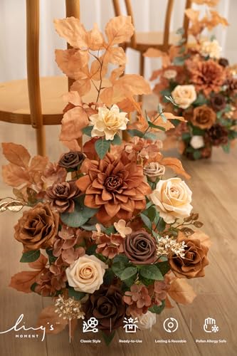 Ling's Moment 17.5" Tall Standing Artificial Flowers Arrangements 4 pcs Wedding Aisle Runner Chair Decorations Walnut Brown & Burnt Orange Centerpieces For Ceremony Reception Rose Floral Party Outdoor - color: Walnut Brown & Golden Glove