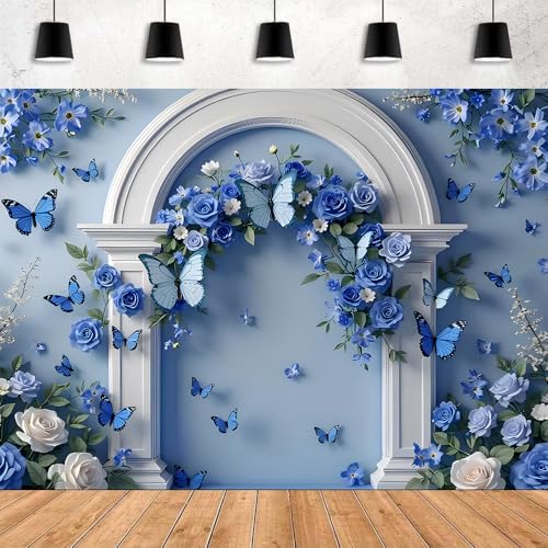 Blue Flowers Butterfly White Arched Doorway Backdrops Light Blue Background Rose and Green Leaves Wedding Photography Backdrop Bridal Shower Wedding Anniversary Decorations Backdrop (A, 5 * 3feet) - color: A, size: 5*3feet