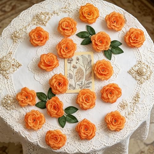 50 Pcs Rose Flower Head, Artificial Flowers Bulk for DIY Crafts, 3in Fake Rose Silk Flower Head wit Stem, Faux Flowers for Decoration, Wedding Home Party Decor Garland Decor (50, Deep Orange) - color: Deep Orange
