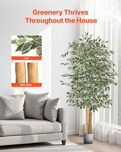 VEVOR 6FT Artificial Ficus Tree with Black Pot, Tall Faux Ficus Plant with Natural Wood Trunk and Realistic Green Leaves, Indoor Fake Silk Tree for Home, Office, Living Room, or Corner Décor - color: Artificial Ficus Tree, size: 6ft