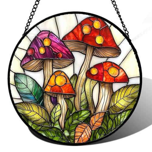 DASTOLL Stained Glass Window Hanging, Mushroom Leaves Suncatcher for Doors Home Sun Catchers Decoration and Christmas, Mother's Day Birthday Gifts for Women, Men, and Mom 14.9x14.9 in - color: Red and White, size: 14.9x14.9 IN