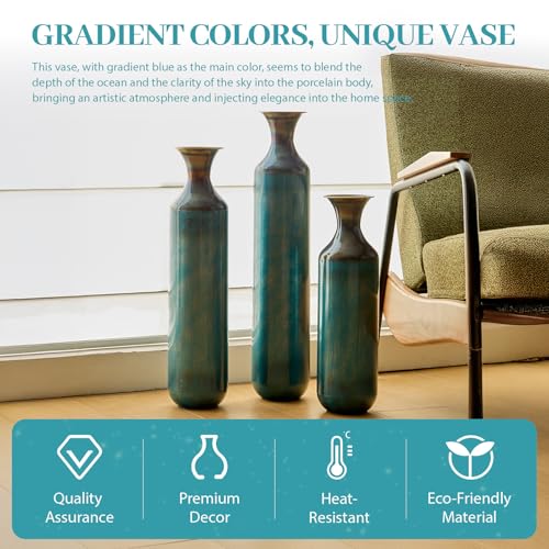 Floor Vases Decorative Tall Set of 3, Teal Blue Torch-Fired Metal Standing Vase for Decor Living Room Rustic Burnt Finish Vases for Fireplace Corner Hallway, Bedroom, Entryway - color: Teal Blue1
