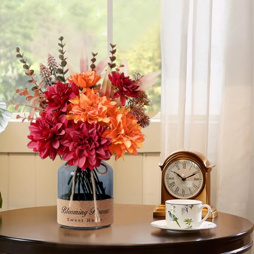 Leftover Fake Fall Flowers in Vase,Faux Flowers in Vase,Fall Floral Arrangement,Fall Centerpieces for Tables,Artificial Flowers,Kitchen Decor,Coffee Table Decor - color: Orange and Red