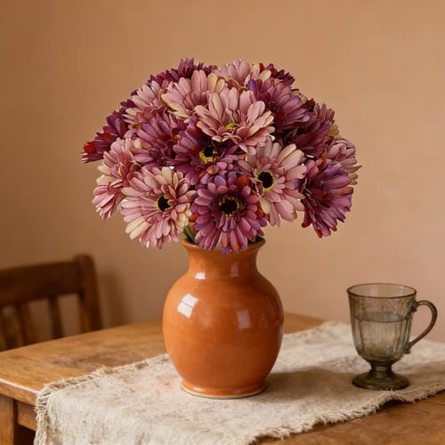 16Pcs Vintage Pink & Dusty Purple Gradient Artificial Flowers Arrangements,Fake Silk Flowers Gerbera Daisy Bulk, Lifelike Faux Daisy for Wedding Bouquet Table Centerpiece Home Decor - color: Pink