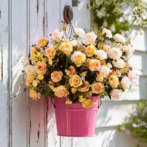 Artificial Rose Flowers for Outdoor 4 Bundles Rose Bouquet with Daisy Faux Flowers UV Resistant for Home Indoor Outside Garden Porch Window Box Balcony Yard Porch Fall Decor (White+Yellow) - color: White+yellow