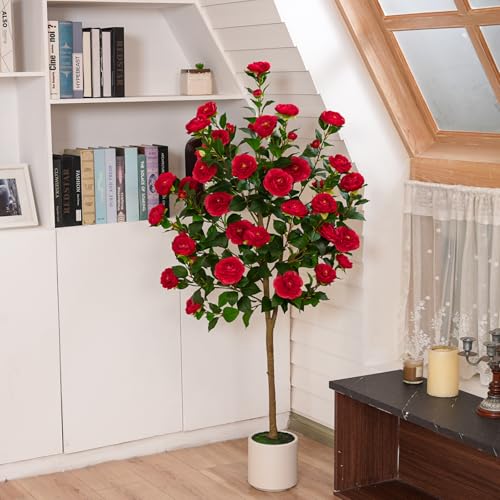 VIVATREES 5ft Artificial Camellia Tree, 60'' Tall Faux Camellia Plant with Red Flowers, UV Resistant Indoor Outdoor Fake Tree with White Planter Pot Included for Living Room Patio Decor