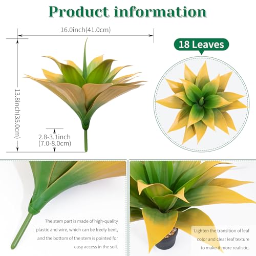 2 Pack 16 Inch Artificial Agave Plant - Large Faux Succulent Steams for Indoor Outdoor Decorating, UV Resistant Realistic Tropical Greenery for Garden Front Porch Aesthetic Decor - 18 Leaves, Yellow - color: Yellow, size: 16"- 2pcs