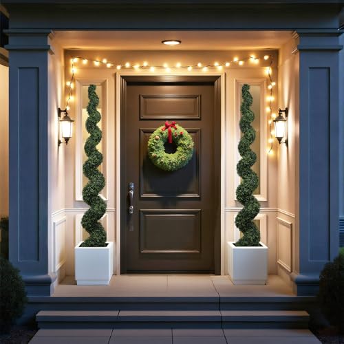 7ft Tall Artificial Spiral Topiary Trees Outdoor Set of 2, Faux Boxwood Plants for Front Porch & Indoor Home Decor, UV-Resistant 7 Foot Large Fake Plants for Patio, Garden, Entryway Decor - color: Dark Green, size: 7ft