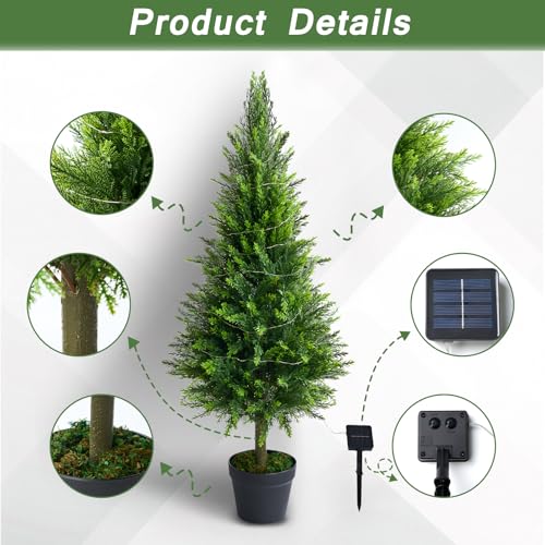 2 Packs of Fake Cypress Plants with Lights, 4FT Artificial Cedar Pruning Tree, with Flowerpot, UV Resistant Artificial shrubs, Suitable for Outdoor and Indoor Front Porch Gardens - size: 4FT Cypress Plants