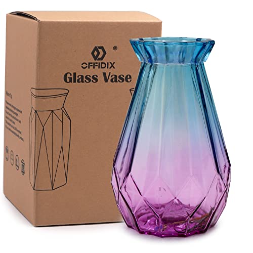 OFFIDIX Glass Vase Gradient Multicolor with Geometric Faceted Design Flower Vase for Weddings, Events, Decorating, Arrangements, Flowers, Office, or Home Decor - color: A-blue Purple Gradient