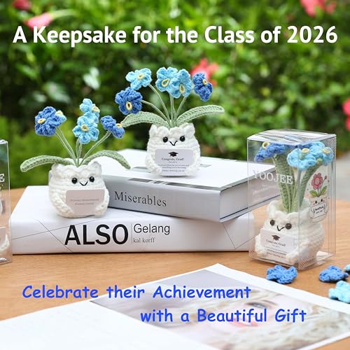 YOOJEE Crochet Forget Me Not Graduation Gift – Class of 2026 Blue Flowers with Card “Congrats, Grad! You Did It.”, Meaningful Gift for Student, Senior, Keepsake Desk Decor - color: E-Graduation-Blue