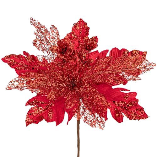 Briful 6PCS Poinsettias Christmas Tree Flowers 9.8'' Artificial Christmas Floral Picks and Sprays Large Red Silk Flowers with Stems for Xmas Home Vase Table Centerpiece Garland Decor - color: Red