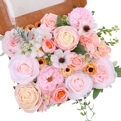 Kisflower Pink Artificial Flowers Combo Cake Flowers Decorations Fake Peony Silk Roses Gift Box for DIY Wedding Bridal Bouquet Centerpieces Arrangements Party Baby Shower Holiday Decor (Pale Pink) - color: Pale Pink