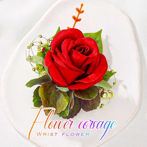 Rose Wrist Corsage Prom Corsages Wristlet Bridal Hand Flower for Women and Girls (Red) - color: Red