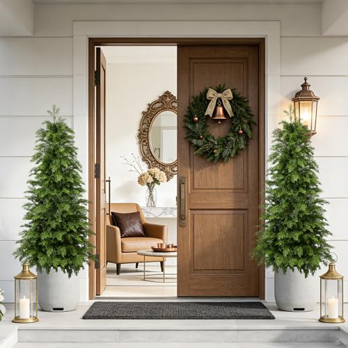4ft Artificial Cedar Topiary Trees 2 Pack,Real Touch Cedar Tree Faux Plants Potted UV Resistant Evergreen Tree for Outdoor Indoor Door Garden Farmhouse Home Decoration - size: 4ft