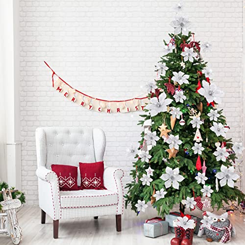 Geosar 100 Pcs 3 Size Christmas Poinsettia Flowers with Clips Glitter Artificial Flowers Small Christmas Tree Ornaments Faux for Xmas Party DIY Craft Wreath Garland New Year, 3/4/6 Inches(Silver) - color: Silver
