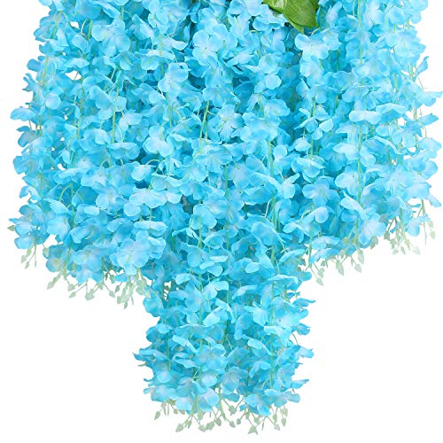 U'Artlines 24 Pack(Total 86.4 Feet) Artificial Fake Wisteria Vine Rattan Hanging Garland Silk Flowers String Home Party Wedding Decor (24, Blue) - color: Blue