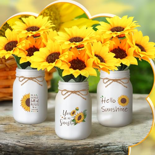 Ziliny Artificial Sunflower Decor Set of 3 Sunflower Table Centerpiece with Mason Jar Fake Flowers for Farmhouse Kitchen Dining Table Tiered Tray Wedding Baby Shower Centerpiece