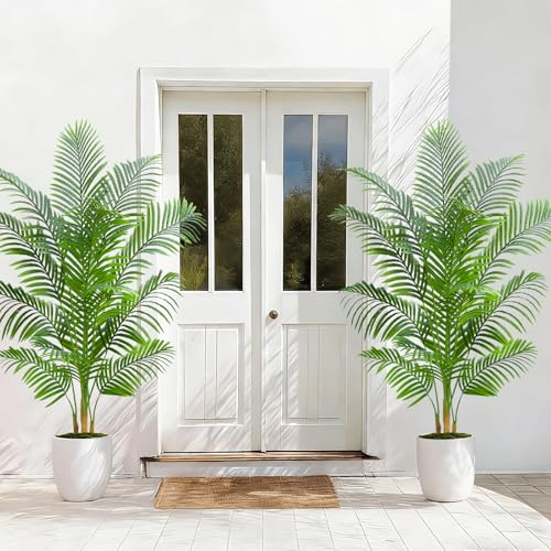 Artificial Palm Tree Plant 6FT Tall Fake Tropical Palm Tree in Pot, Real Bark Design Faux Areca Palm Tree for Home Office Living Room Bedroom Farmhouse Modern Indoor Outdoor Topiary Tree (18 Trunks) - size: 6ft