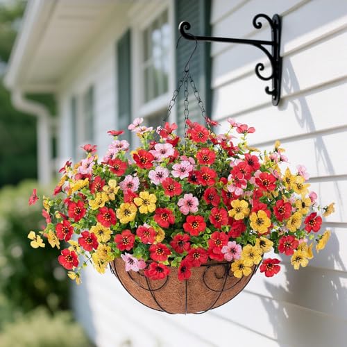 Ammyoo Artificial Faux Hanging Plants Flowers Basket for Spring Outdoor Decoration, Fake Silk Daisy UV Resistant Look Real with Eucalyptus Leaves Summer Outside Decor for Home Patio Garden - color: Red Yellow White