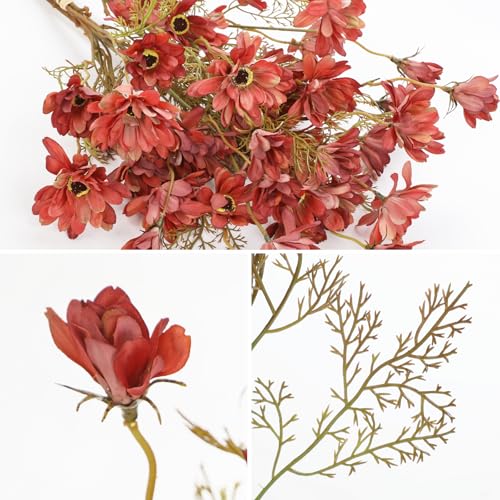 3 Bunches Artificial Daisy Flowers Bouquets for Fall Decor, 20" Faux Chrysanthemums Wildflowers for Autumn Thanksgiving Centerpiece, Silk Flowers Mums for Calliopsis Floral Arrangements, Light Red - color: Light Red