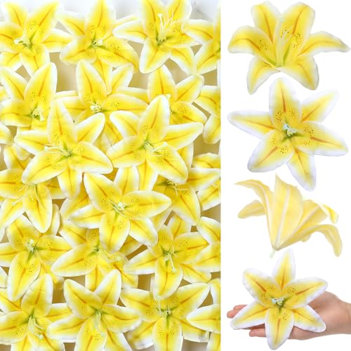 Suncalla 30 Pack Large Artificial Lilies Flower Heads with Realistic Stamens 5.9" Faux Fake Lily Flower Heads Bulk for DIY Crafts Cake Wedding Bridal Wreaths Table Home Party Decor (Yellow) - color: Yellow