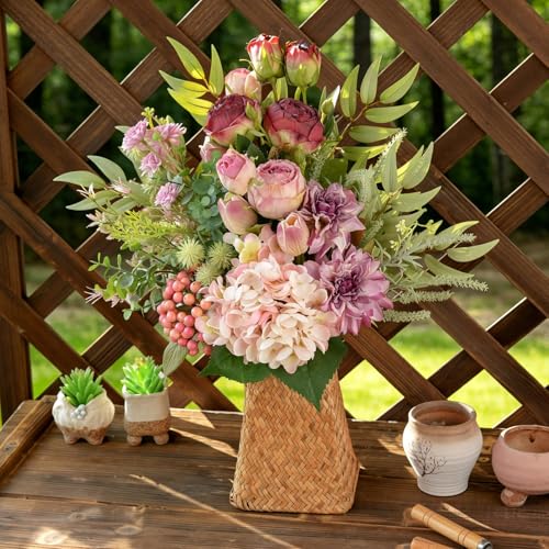 17-inch Artificial Fake Flowers Silk Flower Arrangements Faux Bouquets with Roses, Tulips, Calliopsis, Dahlias, Hydrangeas, Sages, Dandelions, Eucalyptus and Berry Bead Branch - color: Lilac Whisper