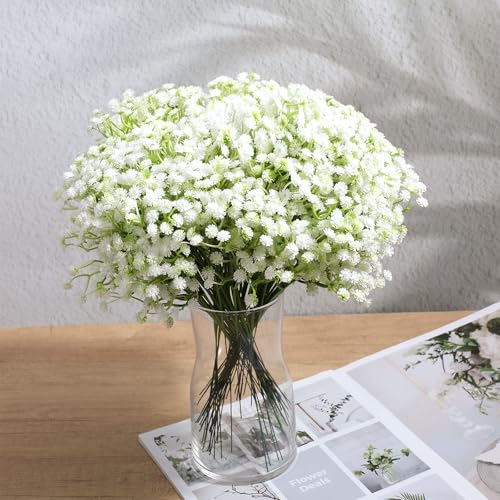Grevosea 120 Pcs Baby Breath Artificial Flowers - White Green Gypsophila Babies Breath Flowers Artificial Bulk Faux Flower Bouquet Flores Greenery Real Touch Arrangements Wedding Tables Decorations