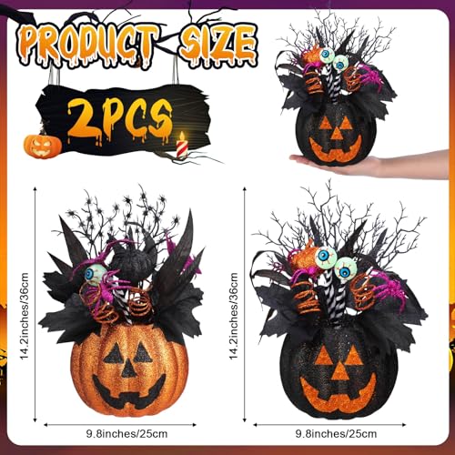 Giegxin 2 Pack Halloween Table Centerpieces Decorations 14'' x 10'' Jack O Lantern Artificial Flowers Pumpkin with Spider and Eyeball Halloween Tabletop Decor for Home Kitchen Indoor Outdoor - style: Jack O Lantern