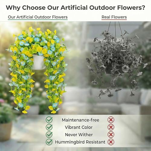 Artificial Hanging Flowers for Outdoors Spring Summer Decor, 4 Bundles UV Resistant Colorful Silk Faux Morning Glory for Outdoor Planters, Garden, Front Porch, Patio, Yard Decor(Yellow Blue Green) - color: Yellow Blue Green