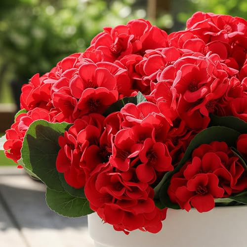 CEWOR Artificial Geranium Flowers for Outdoor, Fake Silk UV Resistant Geranium Red Flowers, Faux Flower for Garden Front Door Porch Planter Patio Home Decor (12, Red) - color: Red Geranium