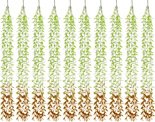 Artificial Hanging Vines Fake Willow Vine Simulation Greenery Plastic Green Leaves Faux Plants Ivy for Wedding Party Indoor Outdoor Home Decor Garden Balcony Patio Planter DIY Decoration - Red 10 Pack - color: Willow Branches - Red End 10 Pack