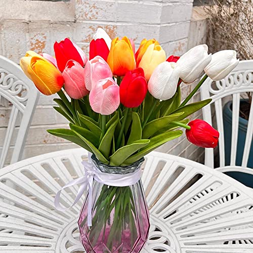 24pcs Multicolor Artificial Tulip Latex Real Touch for DIY Bouquets Wedding Party Bridal Baby Shower Home Decor (Multicolor Tulip)