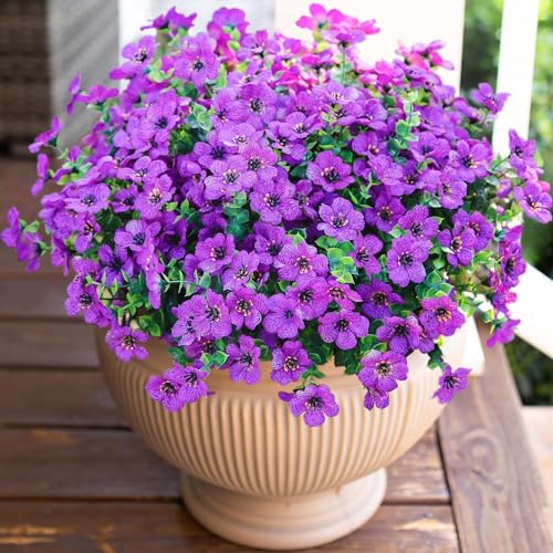 HyeFlora Artificial Flowers for Outdoor Indoor Garden Home Decoration, Faux Flower Daisy with Eucalyptus Leaves Fake Plants Greenery Boxwood Porch Patio, 12 Bundles (Purple) - color: Purple