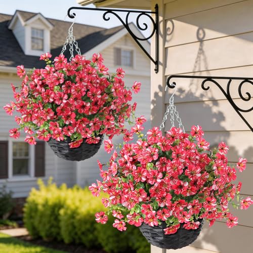 Artificial Flower & Eucalyptus with Hanging Basket - 2PCS Faux UV Sun Resistant Morning Glory in Planter, Fake Colorful Silk Flowers for Spring Summer Porch Patio Balcony Yard Decor (Rose Red) - color: Rose Red