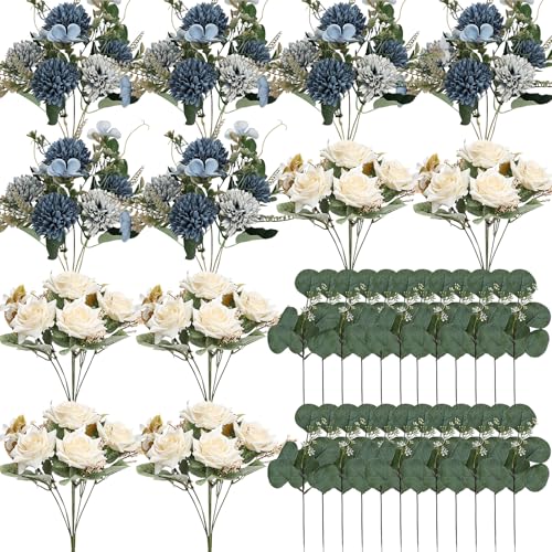 Artificial Mum Flowers 12 Bundles Silk Chrysanthemum Flowers Fake Roses Peonies with Eucalyptus, Realistic Faux Peonies for Vase Arrangement, Home Decor, Wedding Centerpiece - White Blue - color: White Blue