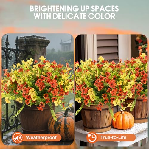Artificial Fall Flowers for Outdoors UV Resistant,36pcs Faux Mums Flowers Realistic Fake Fall Flowers for Outside Planter Orange＆Yellow Artificial Autum Plants for Porch Window Hanging Wedding - color: Orange ＆yellow(green Leaves), size: 36 pcs